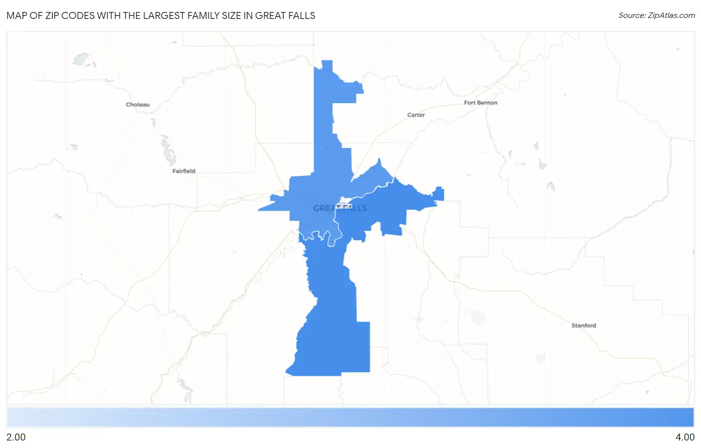 Zip Codes with the Largest Family Size in Great Falls Map
