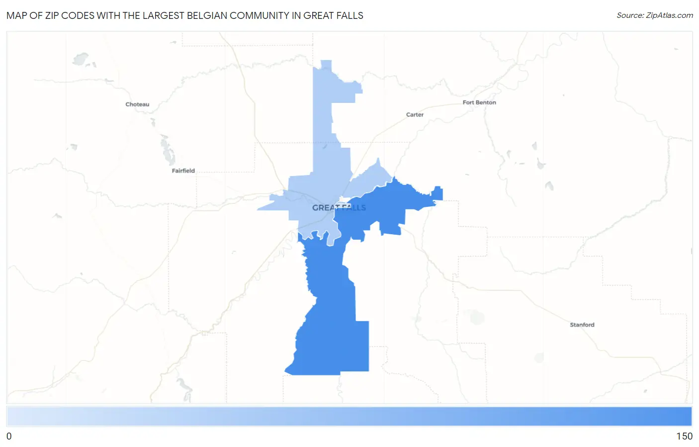 Zip Codes with the Largest Belgian Community in Great Falls Map