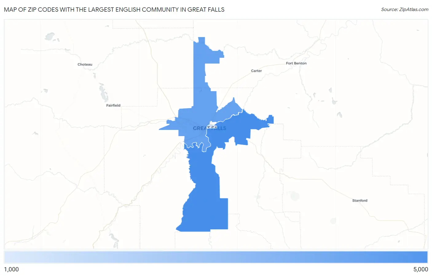 Zip Codes with the Largest English Community in Great Falls Map