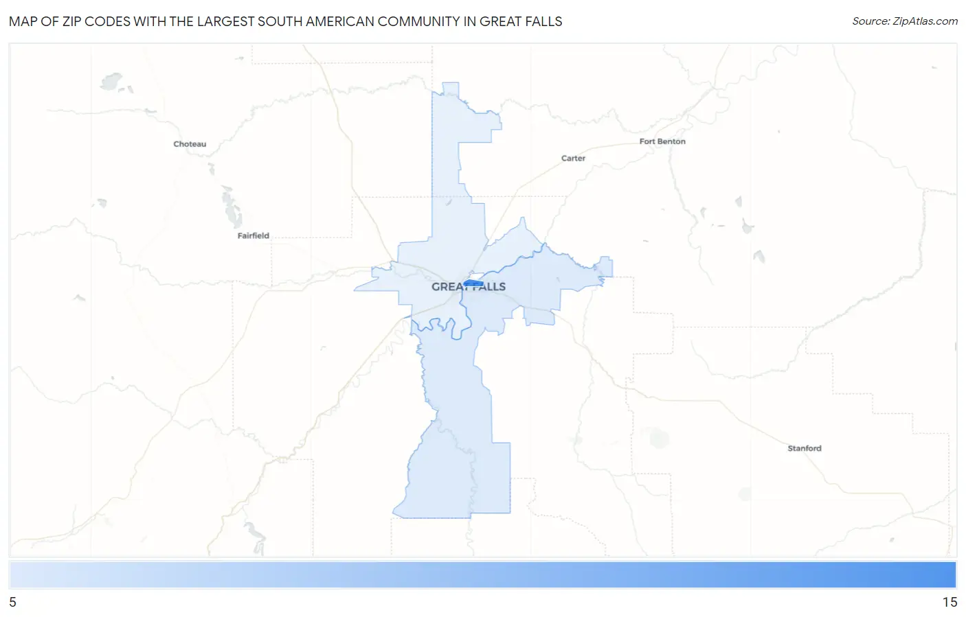 Zip Codes with the Largest South American Community in Great Falls Map
