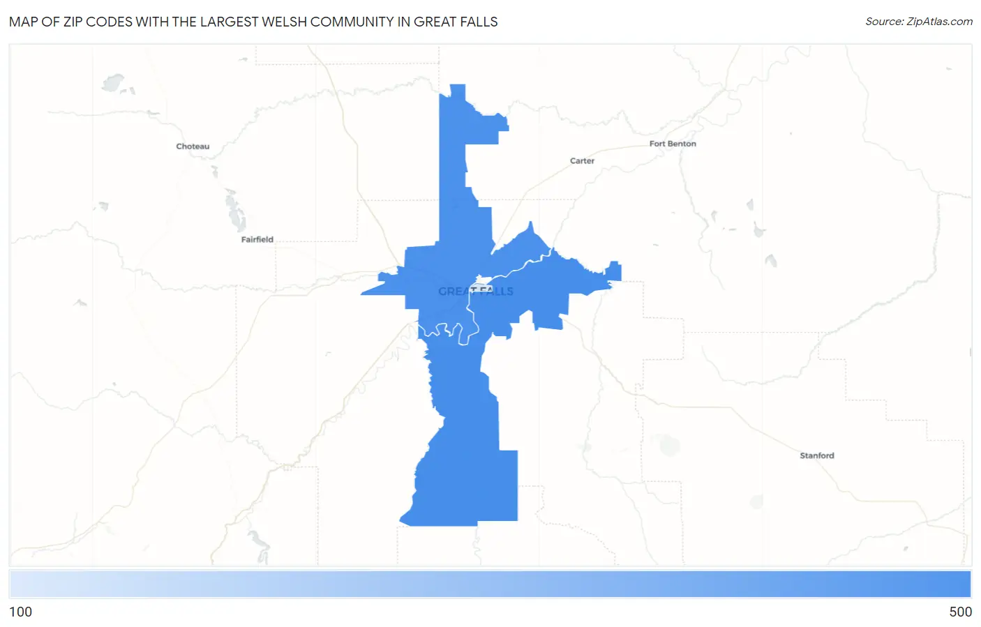Zip Codes with the Largest Welsh Community in Great Falls Map