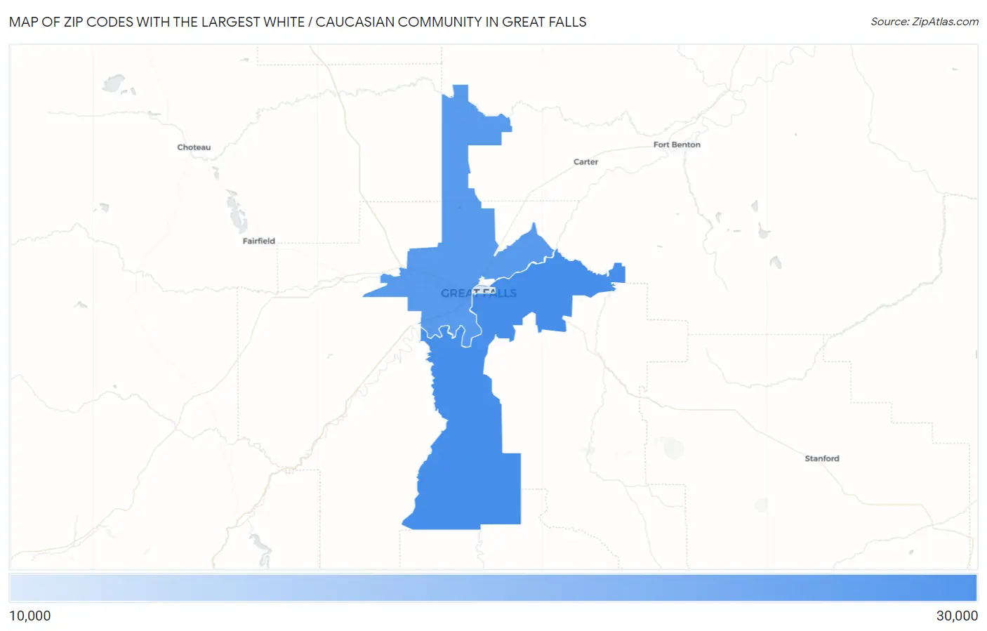 Zip Codes with the Largest White / Caucasian Community in Great Falls Map