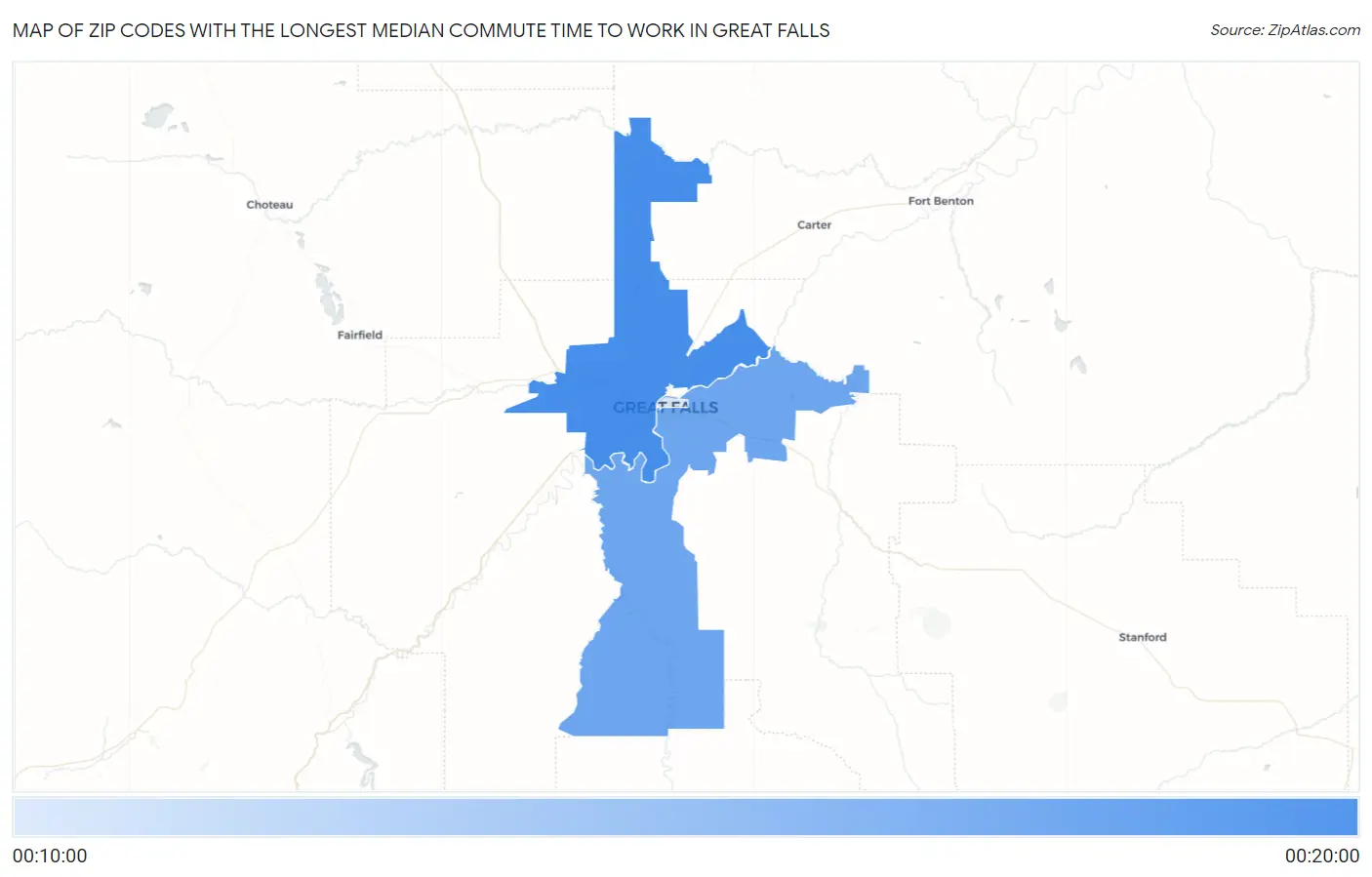 Zip Codes with the Longest Median Commute Time to Work in Great Falls Map