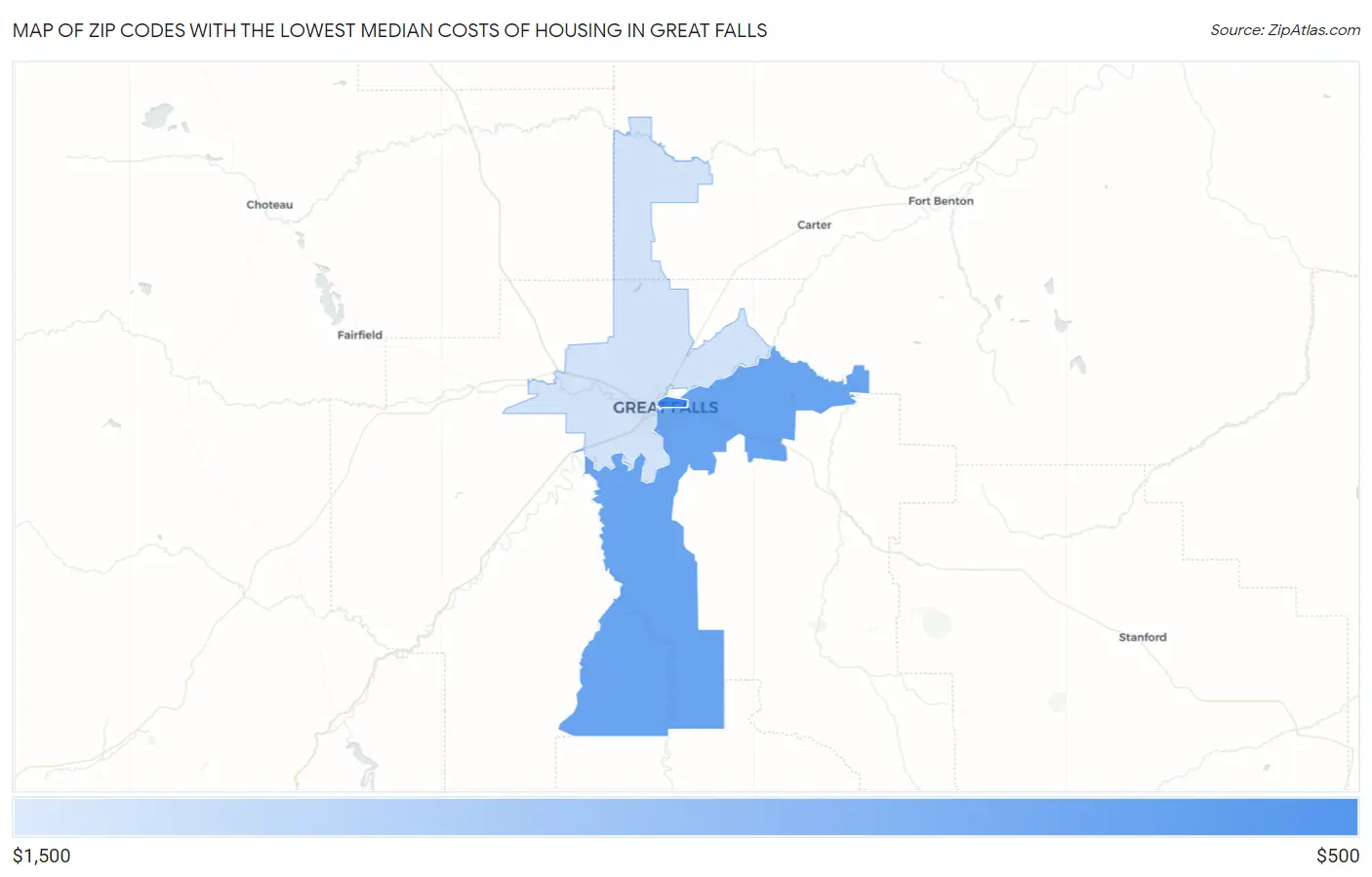 Zip Codes with the Lowest Median Costs of Housing in Great Falls Map