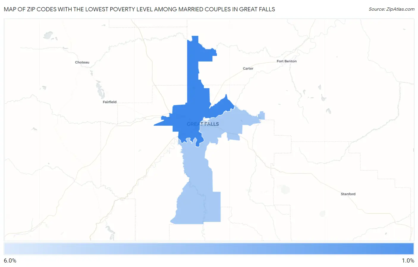 Zip Codes with the Lowest Poverty Level Among Married Couples in Great Falls Map