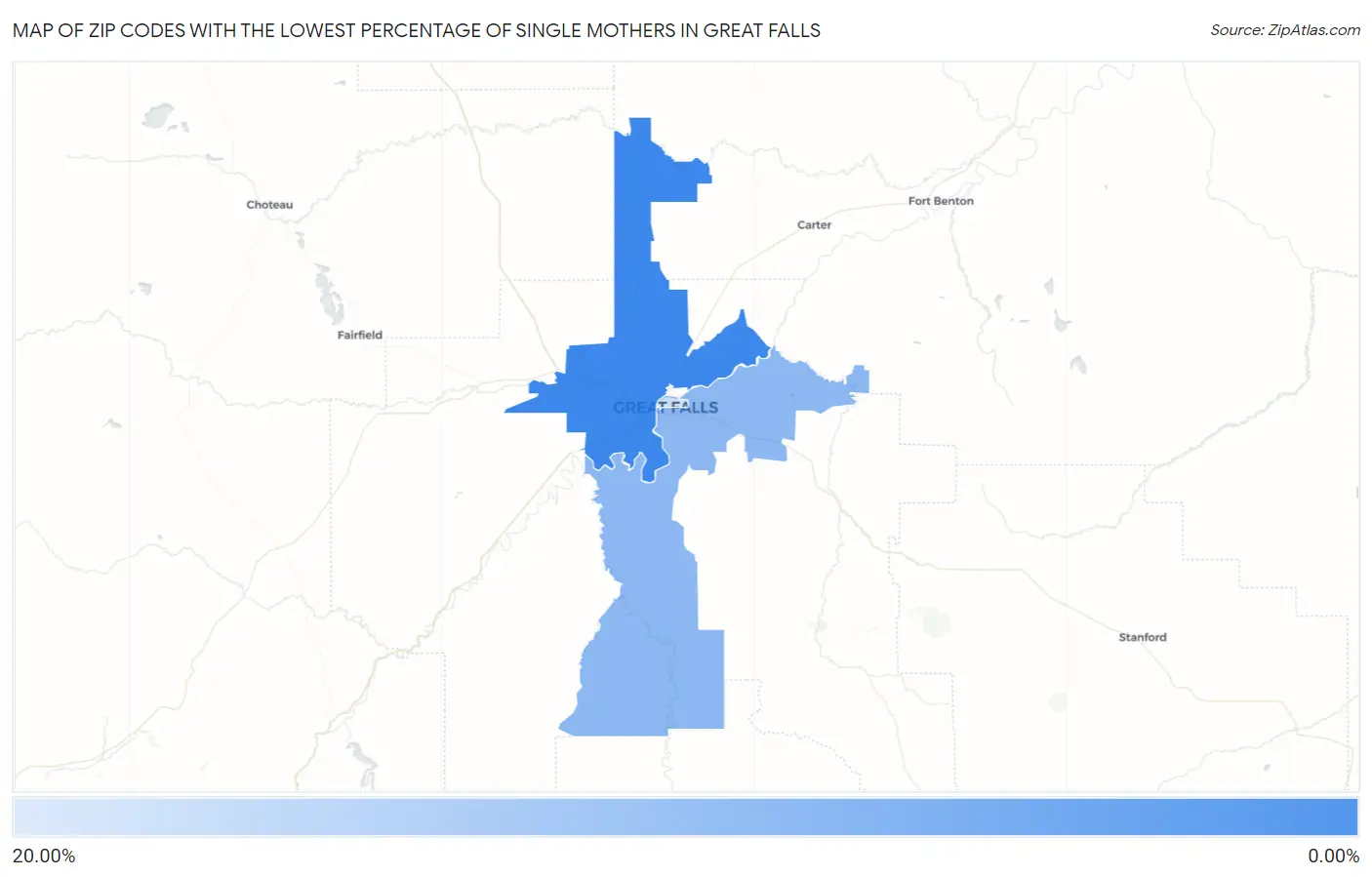 Zip Codes with the Lowest Percentage of Single Mothers in Great Falls Map