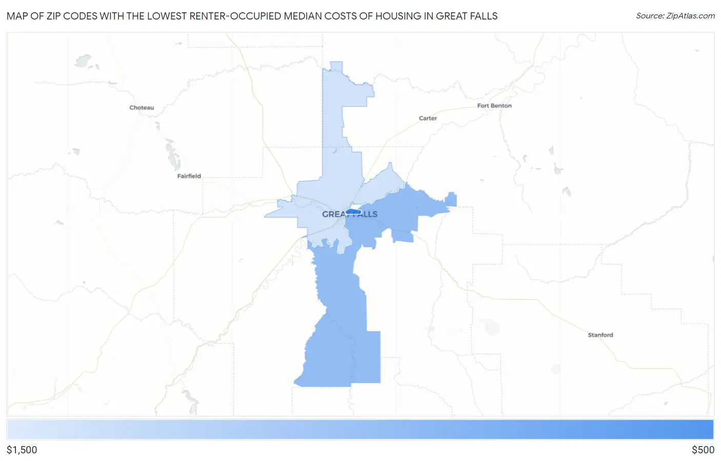 Zip Codes with the Lowest Renter-Occupied Median Costs of Housing in Great Falls Map
