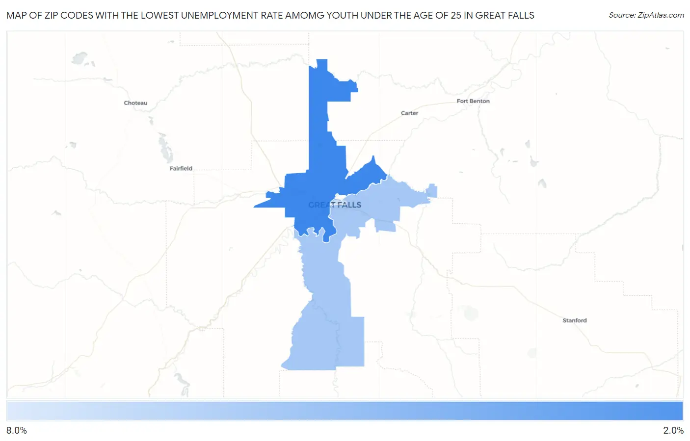 Zip Codes with the Lowest Unemployment Rate Amomg Youth Under the Age of 25 in Great Falls Map