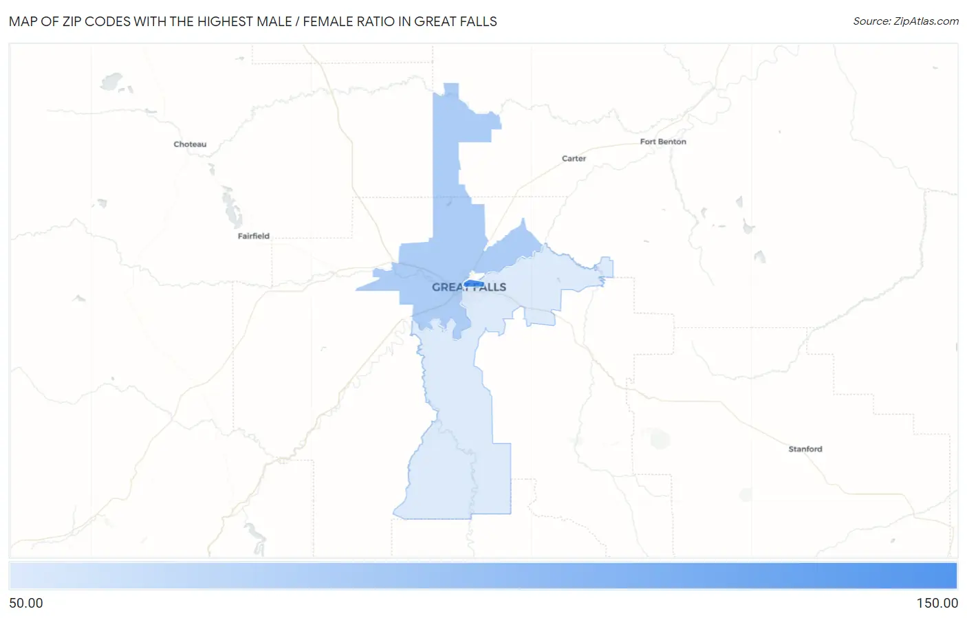 Zip Codes with the Highest Male / Female Ratio in Great Falls Map