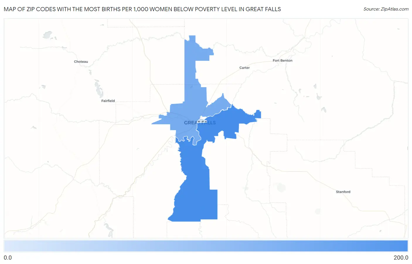 Zip Codes with the Most Births per 1,000 Women Below Poverty Level in Great Falls Map