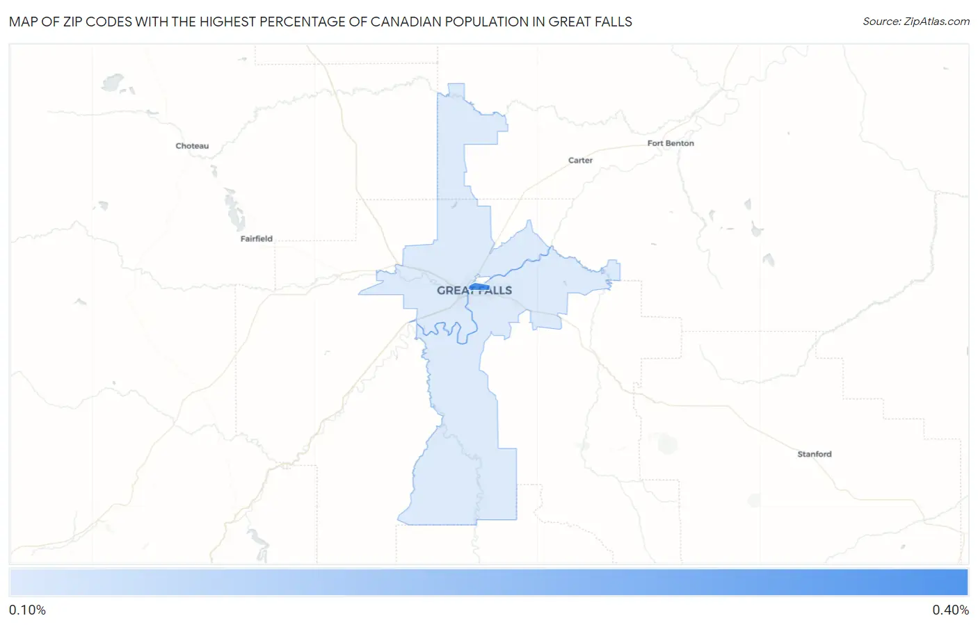 Zip Codes with the Highest Percentage of Canadian Population in Great Falls Map