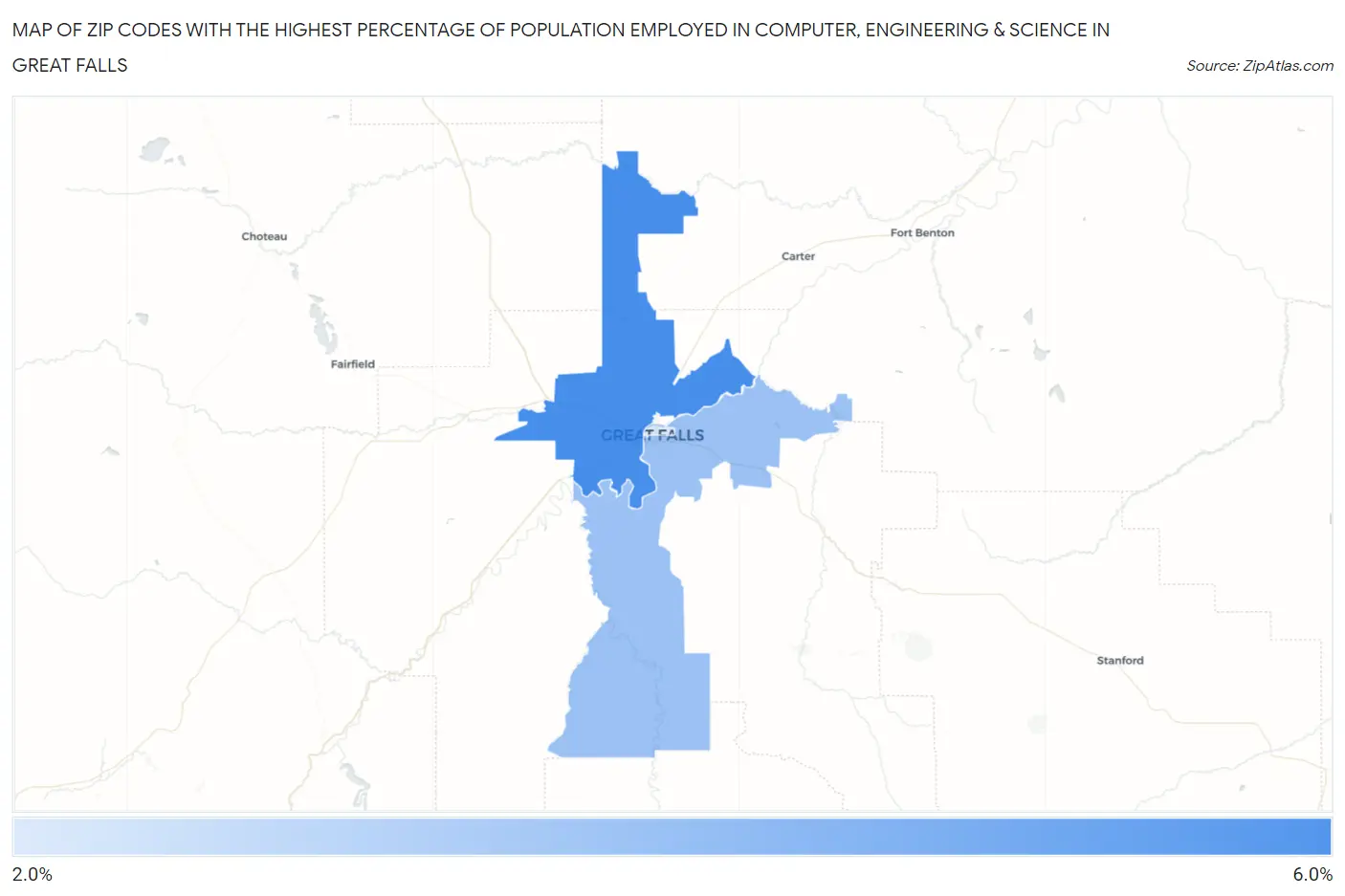 Zip Codes with the Highest Percentage of Population Employed in Computer, Engineering & Science in Great Falls Map
