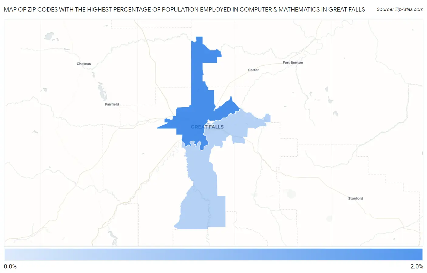 Zip Codes with the Highest Percentage of Population Employed in Computer & Mathematics in Great Falls Map