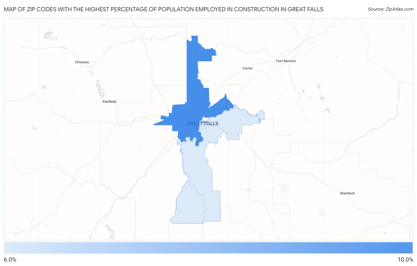 Zip Codes with the Highest Percentage of Population Employed in Construction in Great Falls Map