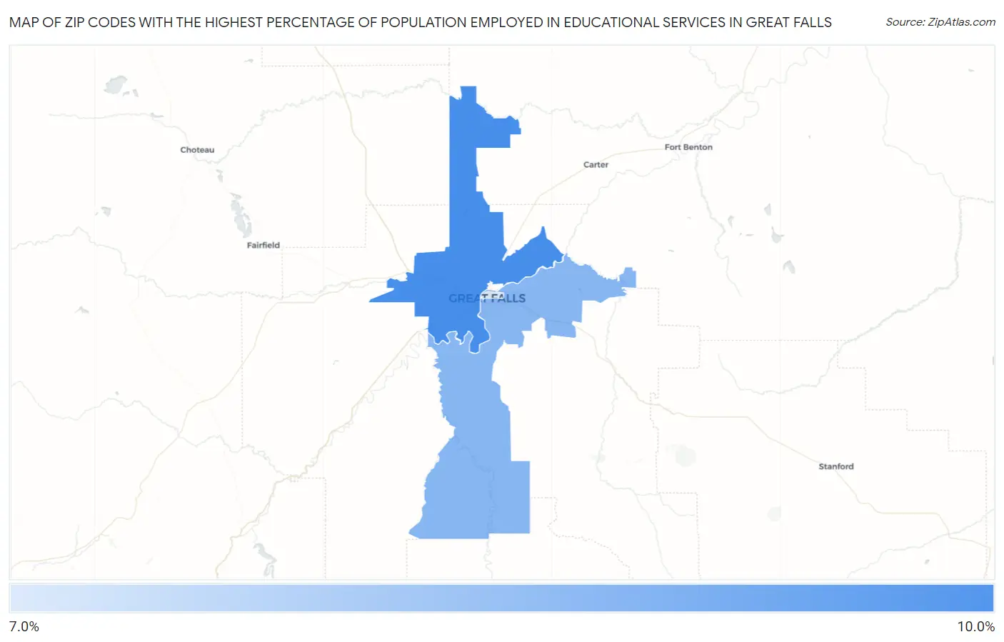 Zip Codes with the Highest Percentage of Population Employed in Educational Services in Great Falls Map