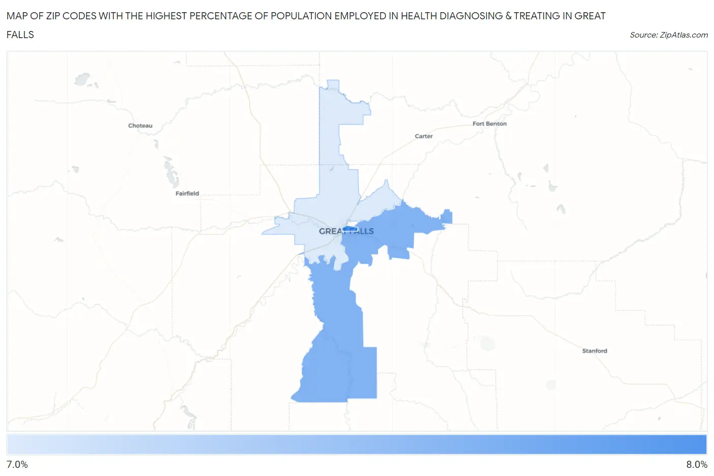 Zip Codes with the Highest Percentage of Population Employed in Health Diagnosing & Treating in Great Falls Map