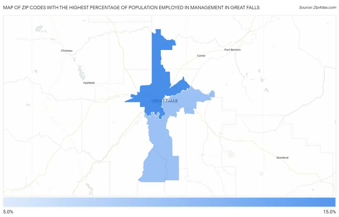 Zip Codes with the Highest Percentage of Population Employed in Management in Great Falls Map