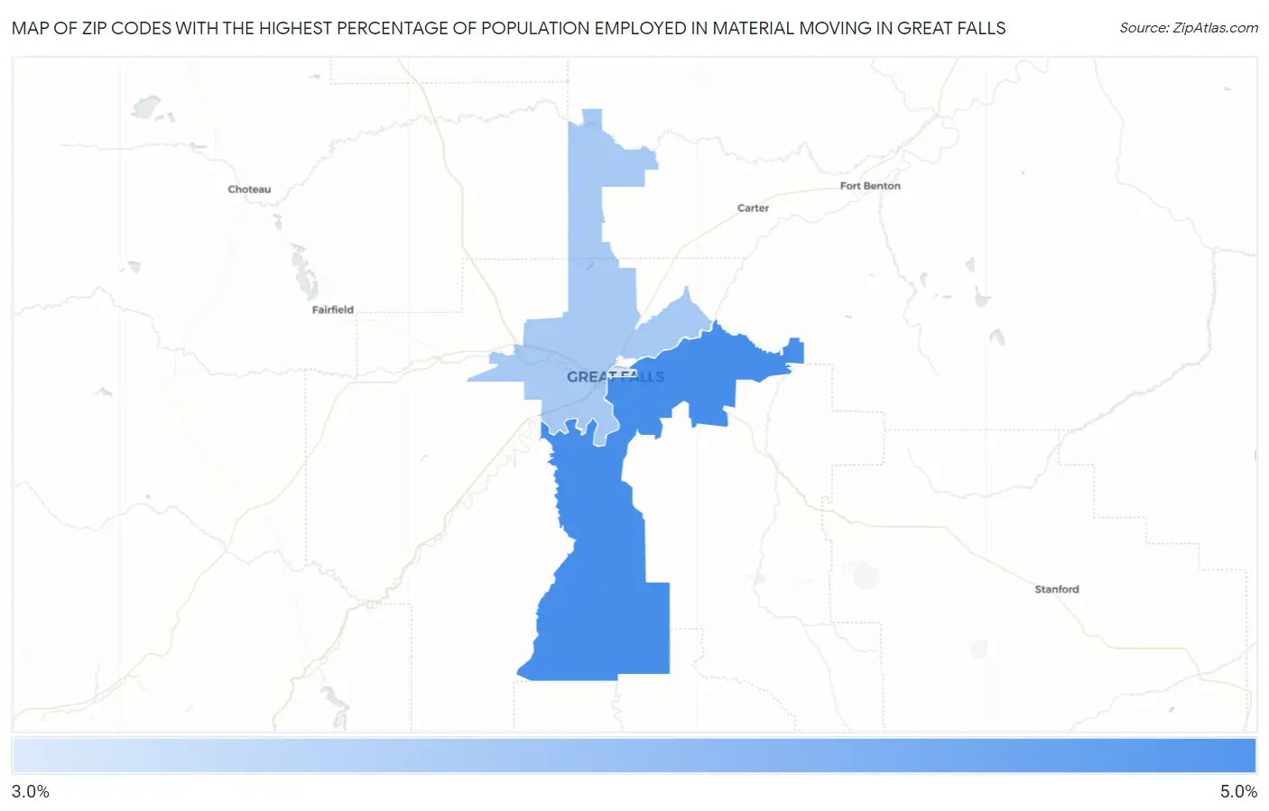 Zip Codes with the Highest Percentage of Population Employed in Material Moving in Great Falls Map