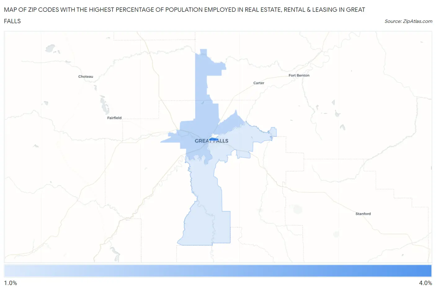 Zip Codes with the Highest Percentage of Population Employed in Real Estate, Rental & Leasing in Great Falls Map