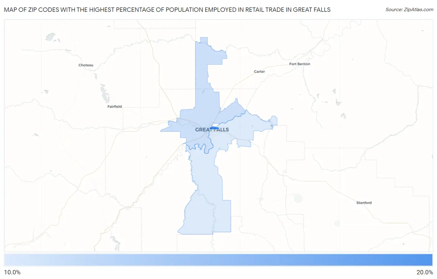 Zip Codes with the Highest Percentage of Population Employed in Retail Trade in Great Falls Map