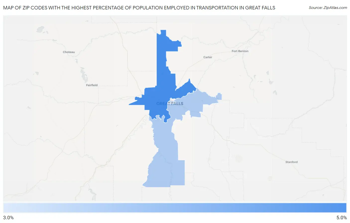 Zip Codes with the Highest Percentage of Population Employed in Transportation in Great Falls Map