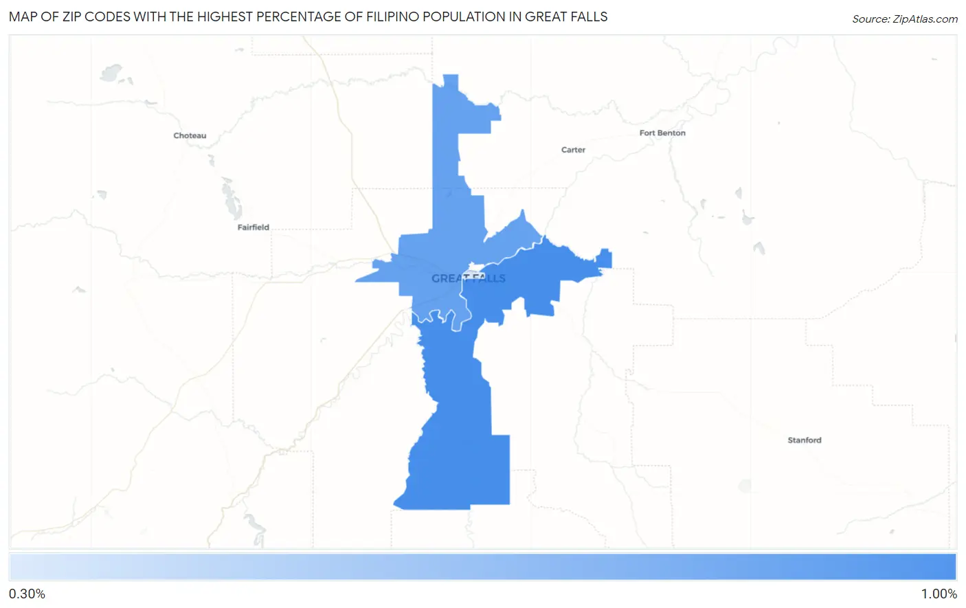 Zip Codes with the Highest Percentage of Filipino Population in Great Falls Map