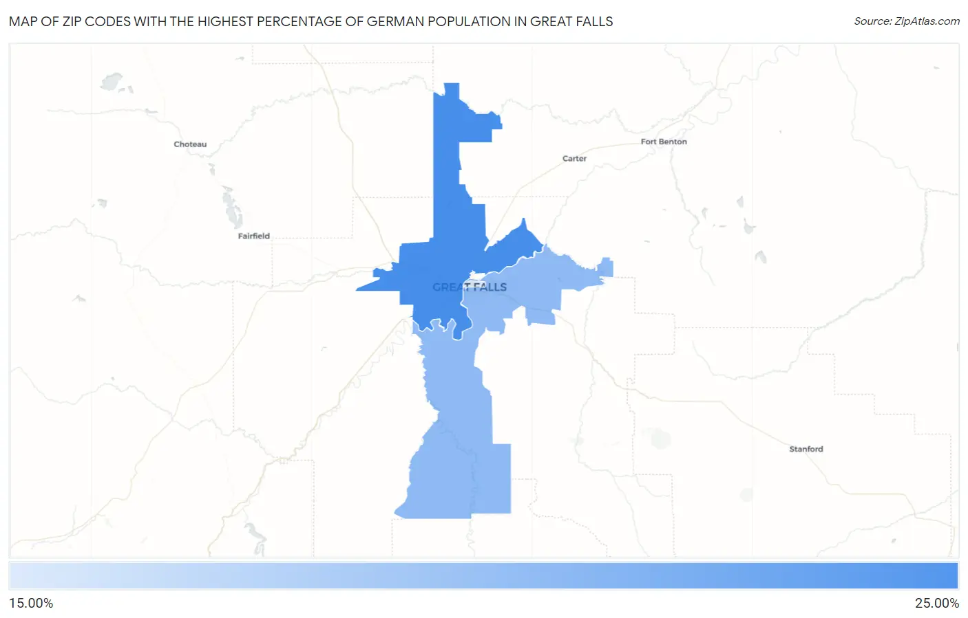 Zip Codes with the Highest Percentage of German Population in Great Falls Map