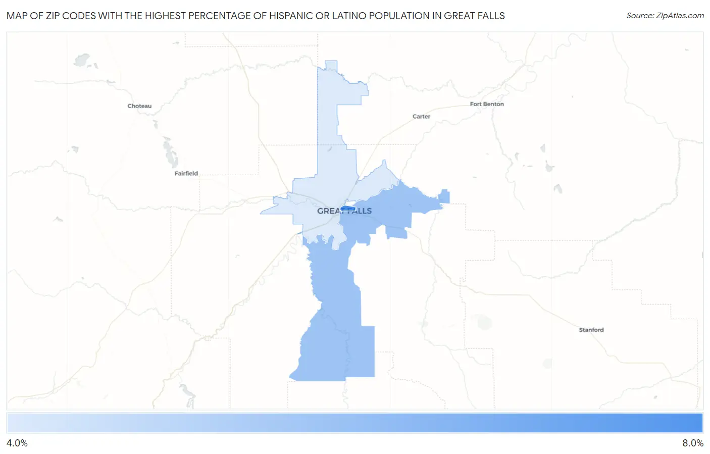 Zip Codes with the Highest Percentage of Hispanic or Latino Population in Great Falls Map