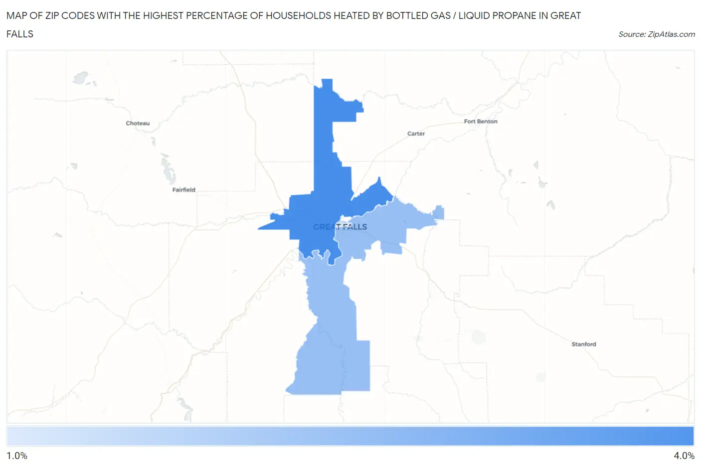 Zip Codes with the Highest Percentage of Households Heated by Bottled Gas / Liquid Propane in Great Falls Map