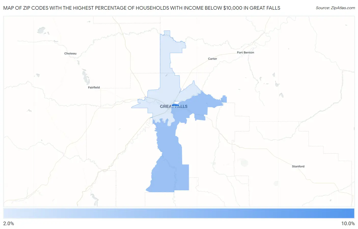 Zip Codes with the Highest Percentage of Households with Income Below $10,000 in Great Falls Map