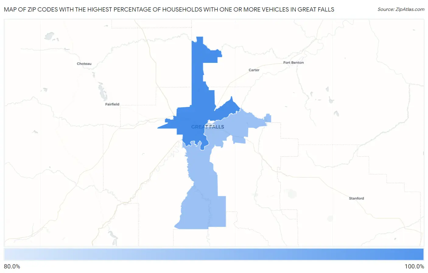 Zip Codes with the Highest Percentage of Households With One or more Vehicles in Great Falls Map