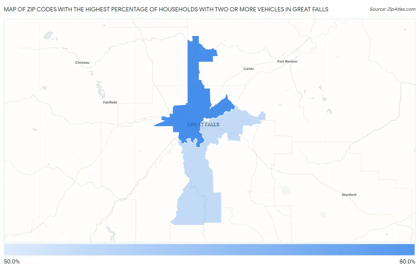 Zip Codes with the Highest Percentage of Households With Two or more Vehicles in Great Falls Map