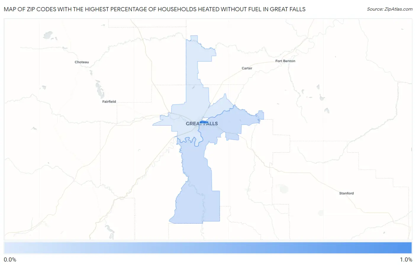Zip Codes with the Highest Percentage of Households Heated without Fuel in Great Falls Map