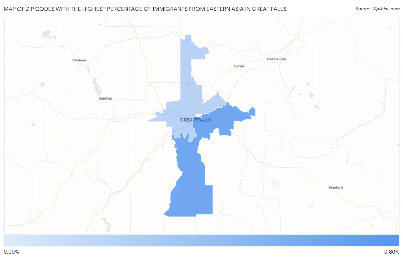 Zip Codes with the Highest Percentage of Immigrants from Eastern Asia in Great Falls Map