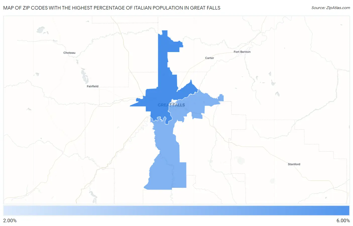Zip Codes with the Highest Percentage of Italian Population in Great Falls Map