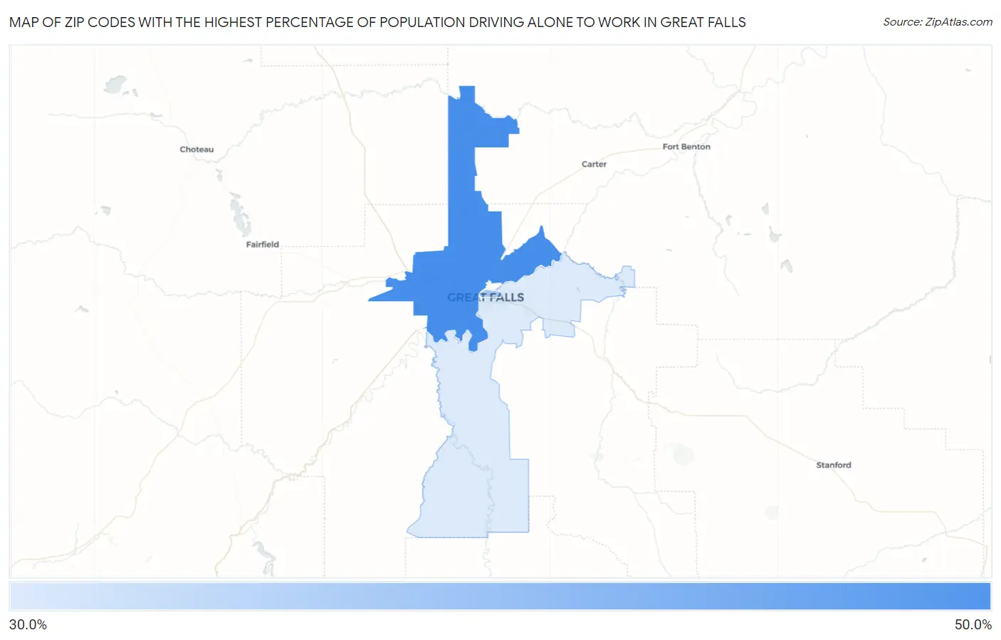 Zip Codes with the Highest Percentage of Population Driving Alone to Work in Great Falls Map