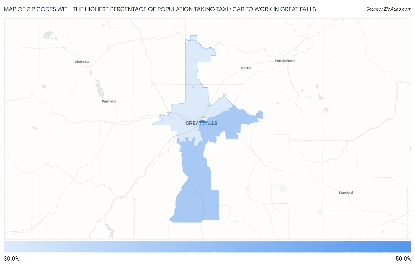 Zip Codes with the Highest Percentage of Population Taking Taxi / Cab to Work in Great Falls Map