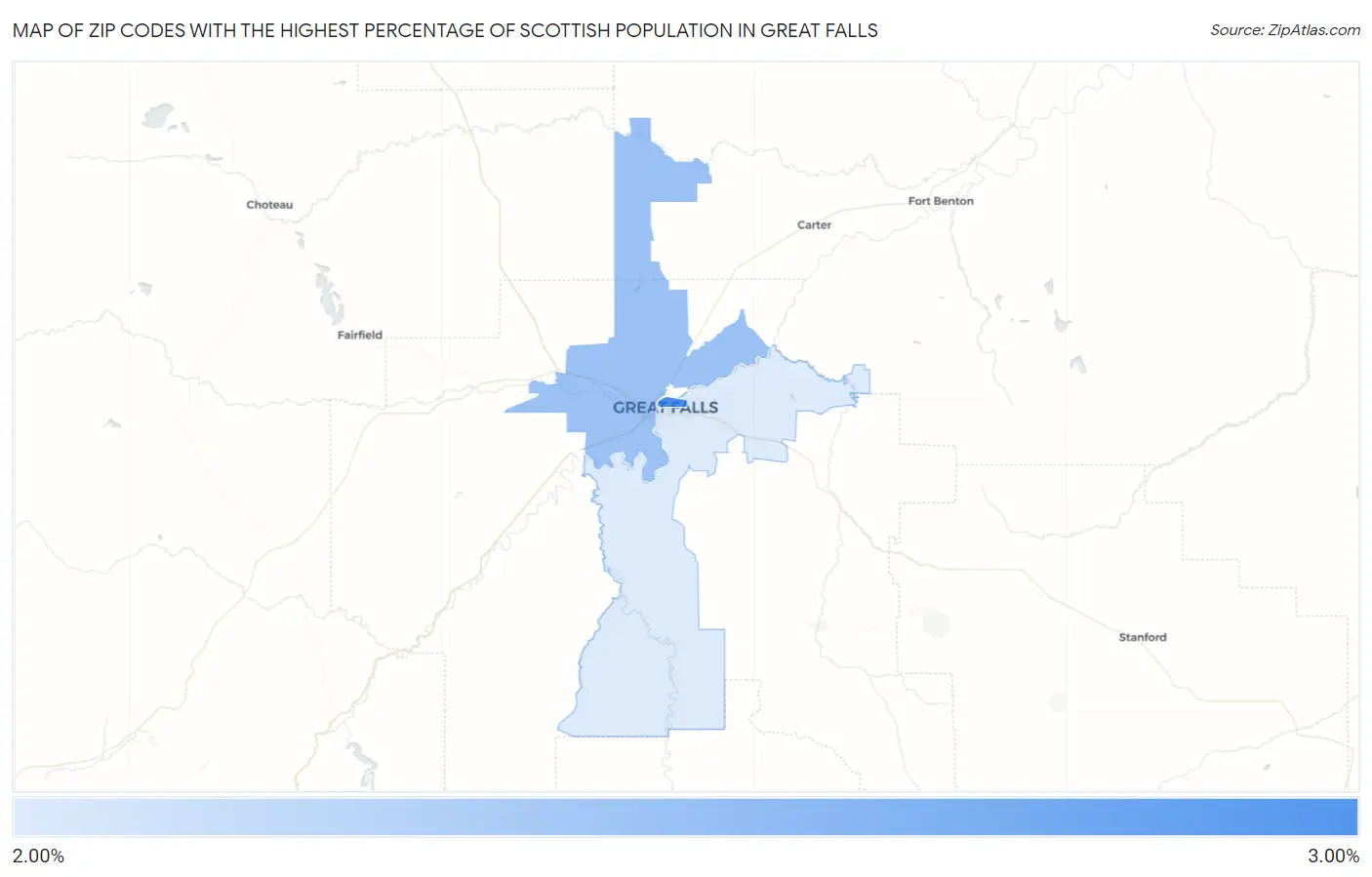 Zip Codes with the Highest Percentage of Scottish Population in Great Falls Map