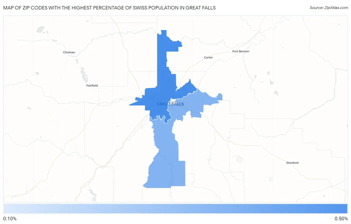 Zip Codes with the Highest Percentage of Swiss Population in Great Falls Map