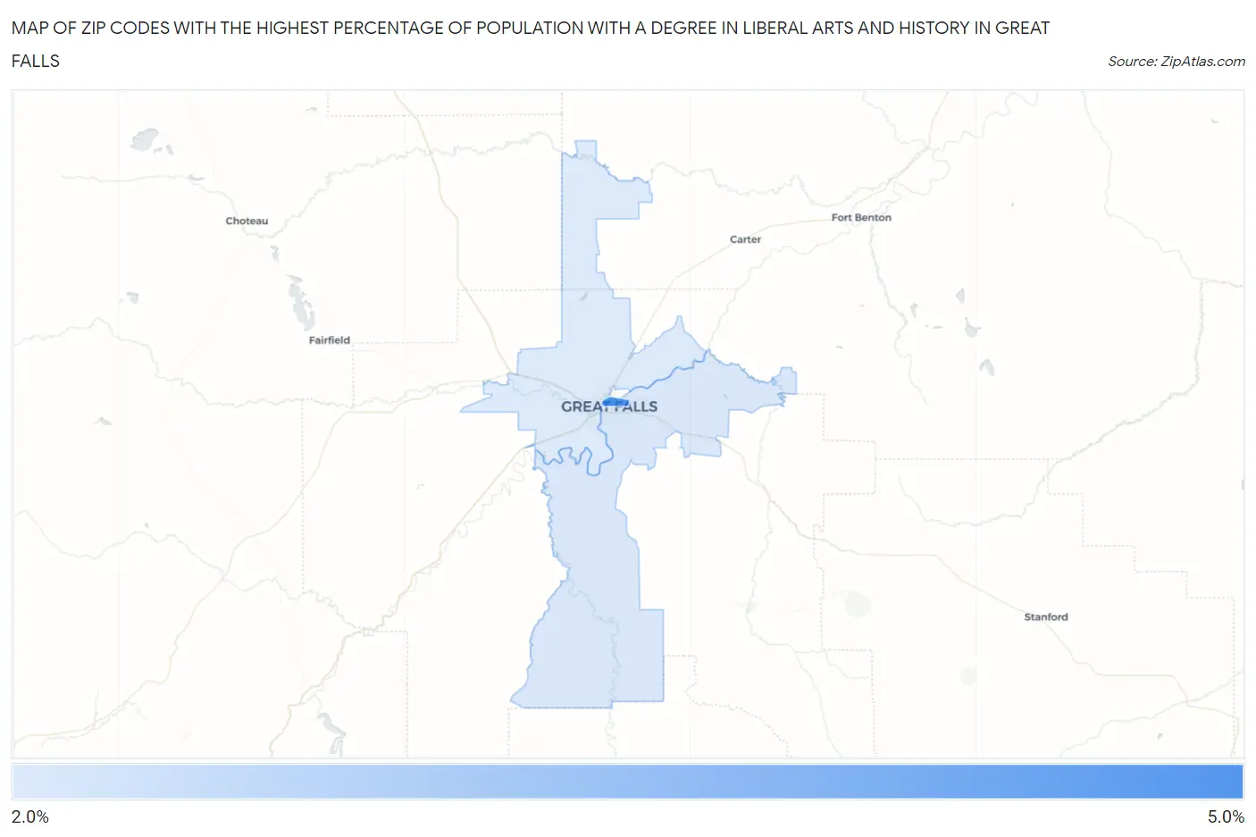 Zip Codes with the Highest Percentage of Population with a Degree in Liberal Arts and History in Great Falls Map
