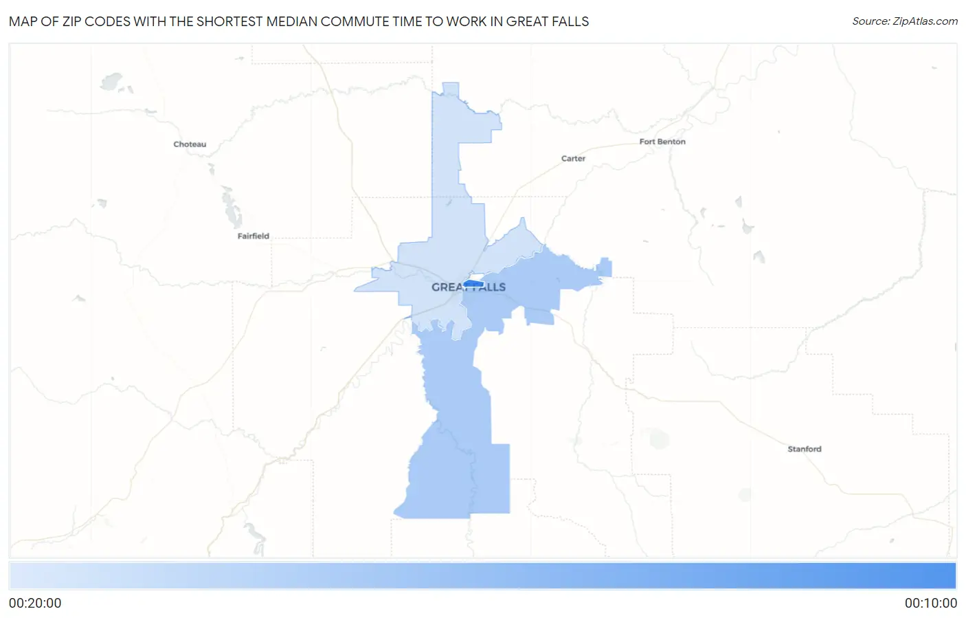 Zip Codes with the Shortest Median Commute Time to Work in Great Falls Map