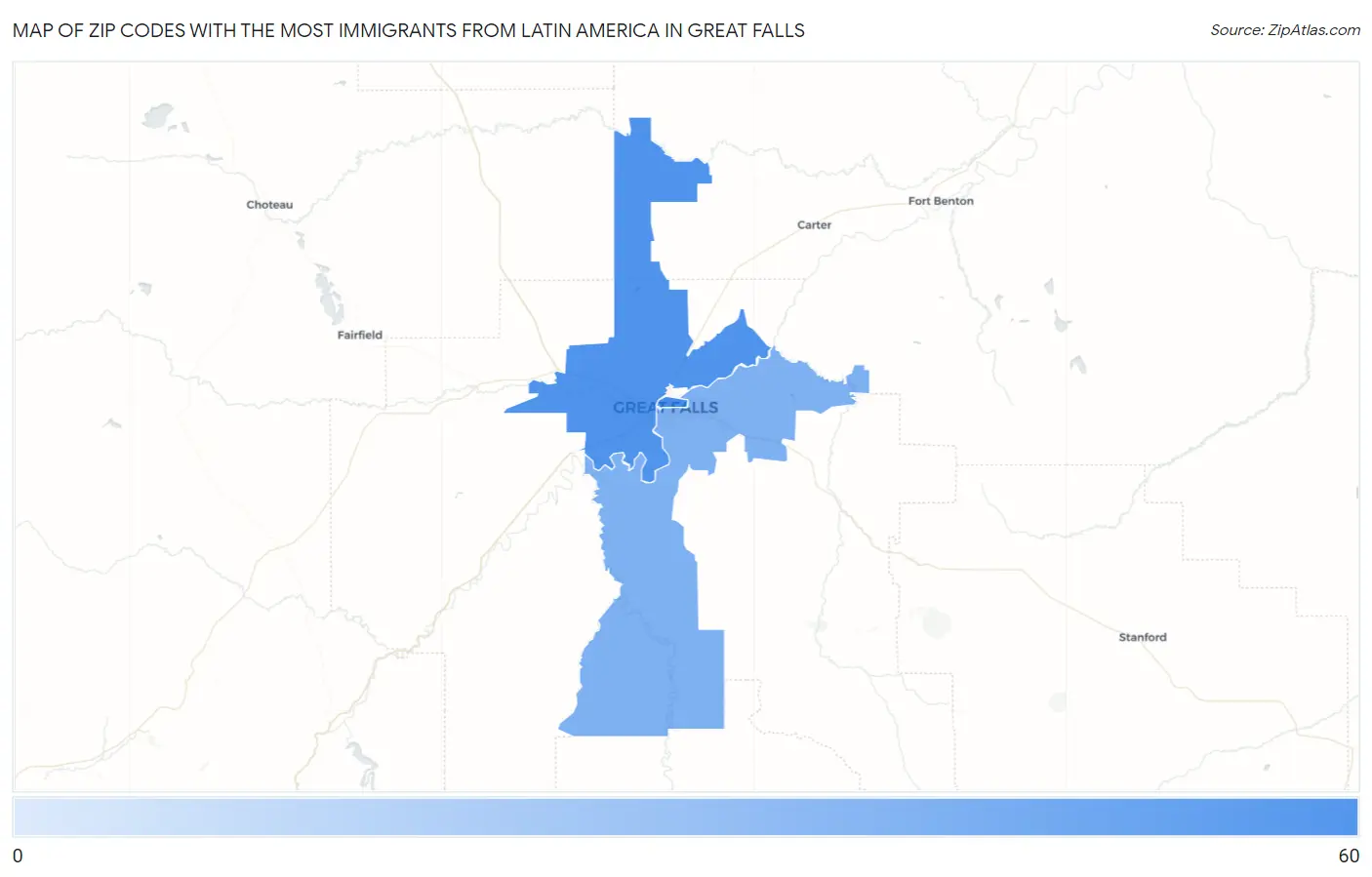 Zip Codes with the Most Immigrants from Latin America in Great Falls Map