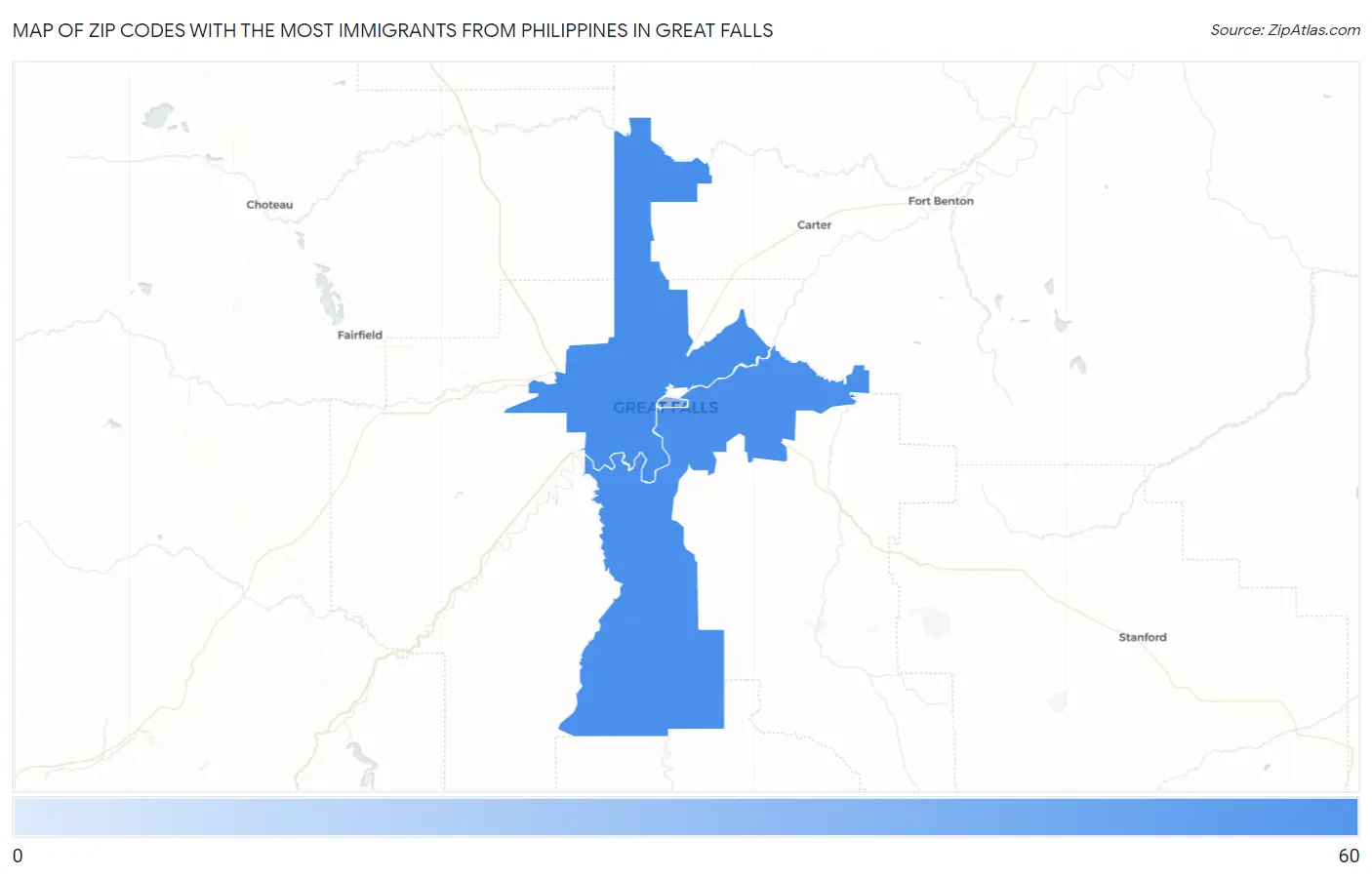 Zip Codes with the Most Immigrants from Philippines in Great Falls Map