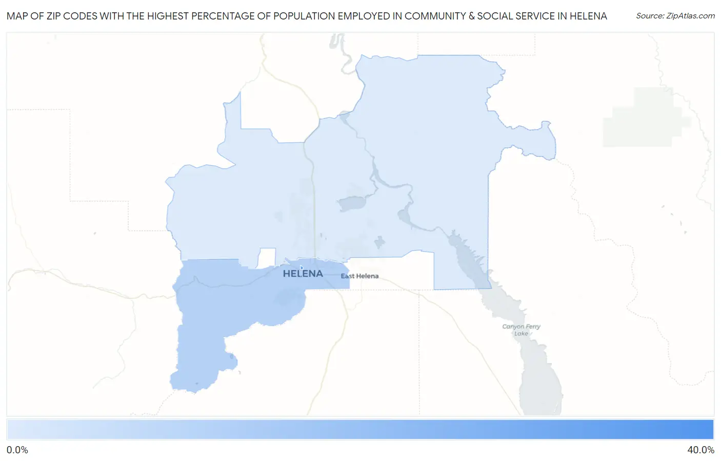 Zip Codes with the Highest Percentage of Population Employed in Community & Social Service  in Helena Map