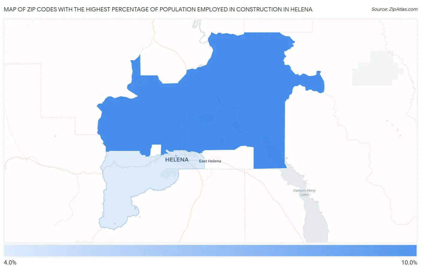 Zip Codes with the Highest Percentage of Population Employed in Construction in Helena Map