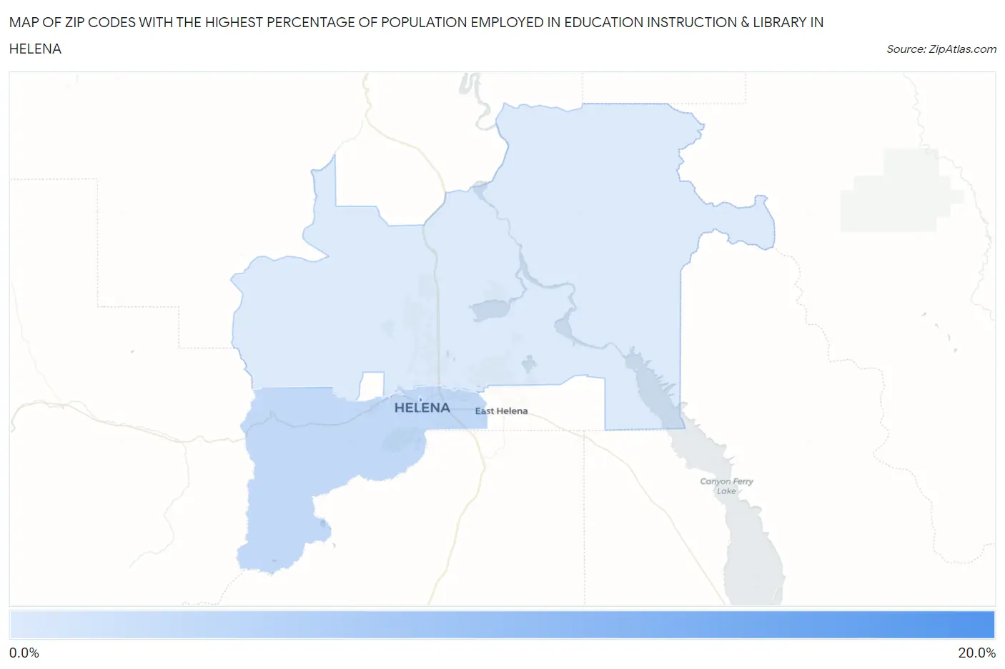 Zip Codes with the Highest Percentage of Population Employed in Education Instruction & Library in Helena Map