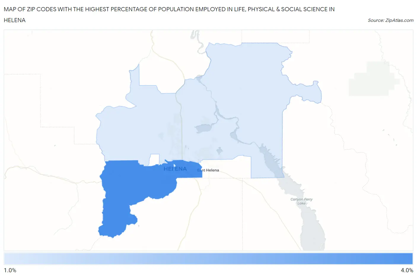 Zip Codes with the Highest Percentage of Population Employed in Life, Physical & Social Science in Helena Map