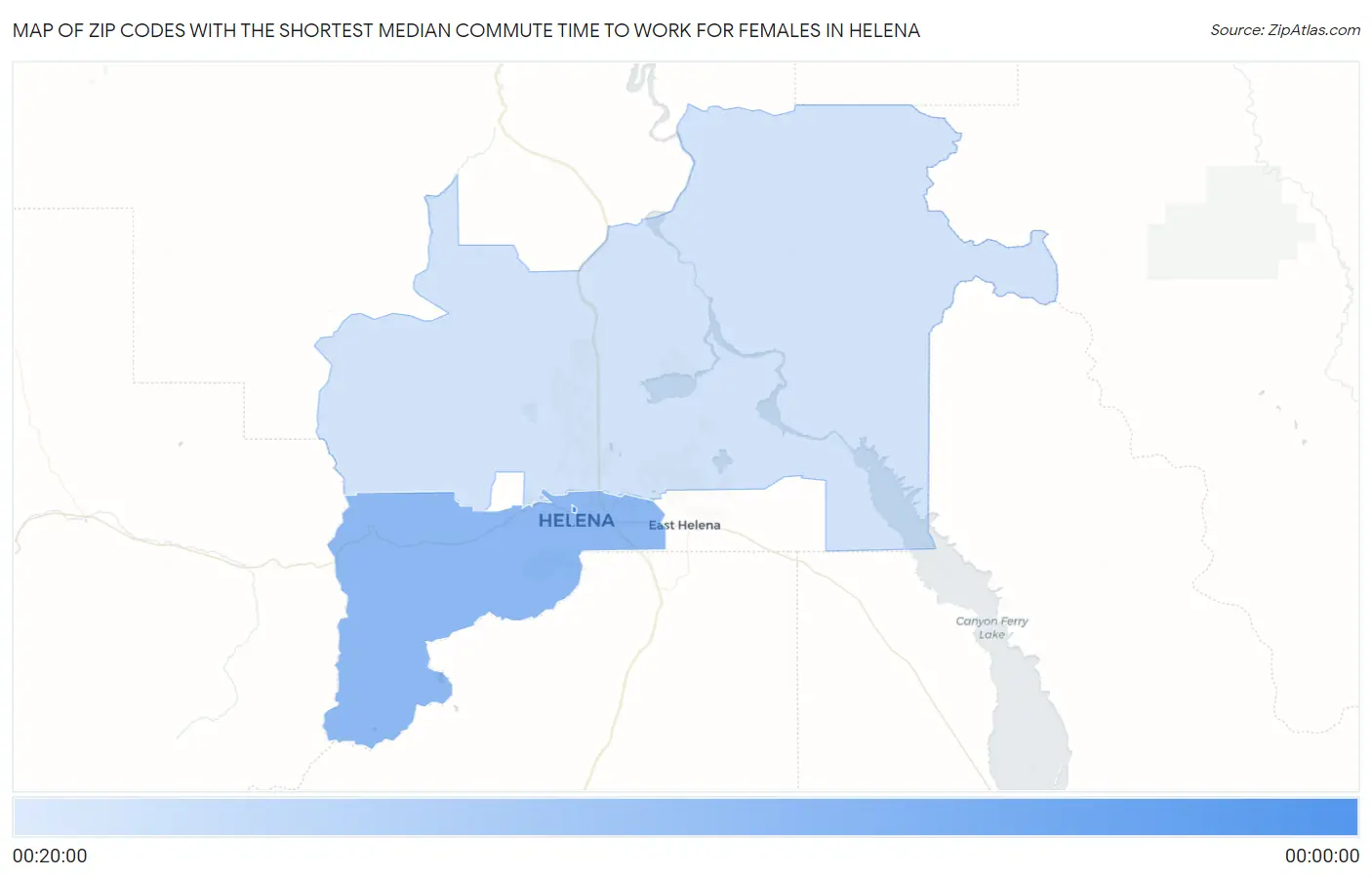 Zip Codes with the Shortest Median Commute Time to Work for Females in Helena Map