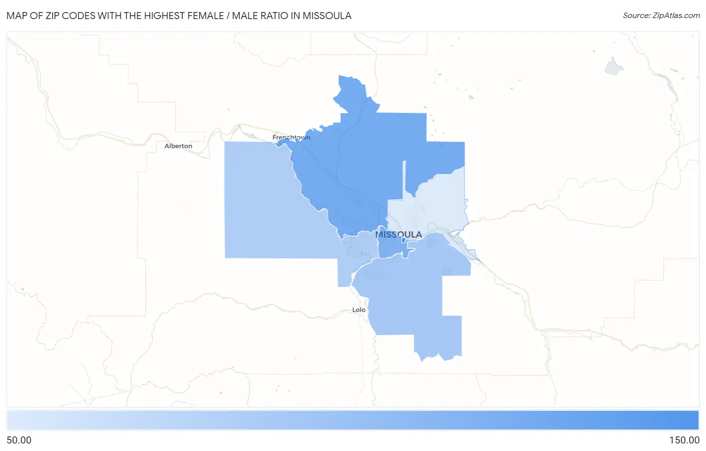 Zip Codes with the Highest Female / Male Ratio in Missoula Map