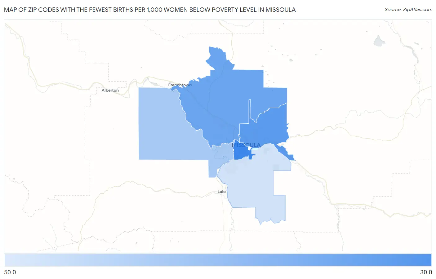 Zip Codes with the Fewest Births per 1,000 Women Below Poverty Level in Missoula Map